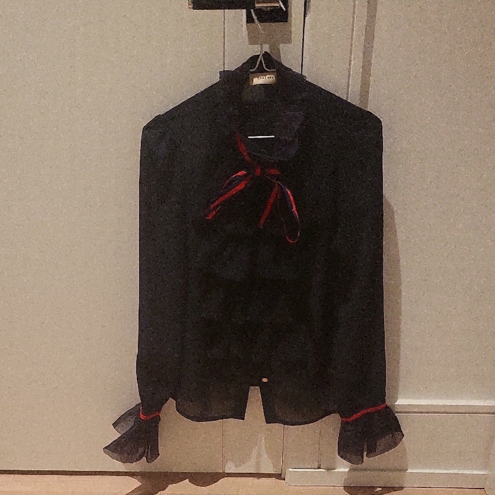 Navy Blouse with Red Trim